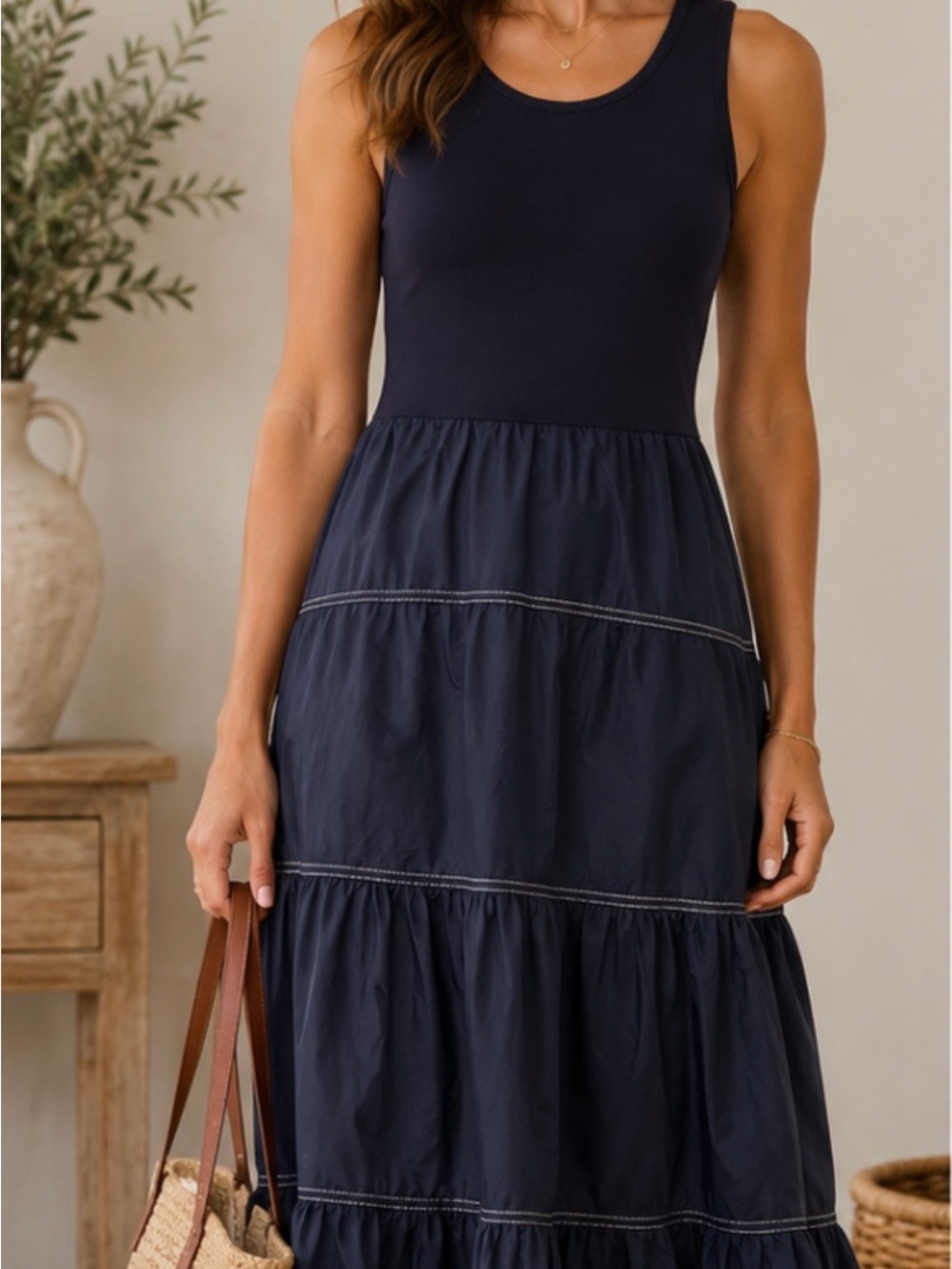 Tahari Navy Sleeveless Tiered Midi Dress with Scoop Neck